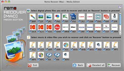 Digital Photo Recovery - Select file type Screen